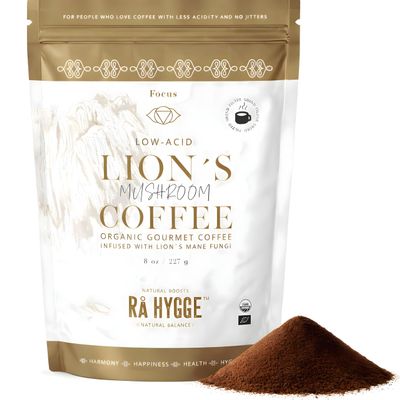 R Hygge Lions Mane Mushroom Coffee Ground 227g  Medium Light Roast Peruvian Arabica with Dual Extract Lions Mane, Low Acid Adaptogenic Coffee for Mental Clarity & Calm Focus, Artisan Roasted