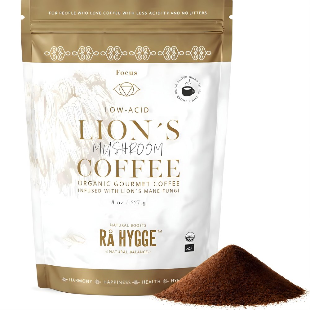 R Hygge Lions Mane Mushroom Coffee Ground 227g  Medium Light Roast Peruvian Arabica with Dual Extract Lions Mane, Low Acid Adaptogenic Coffee for Mental Clarity & Calm Focus, Artisan Roasted