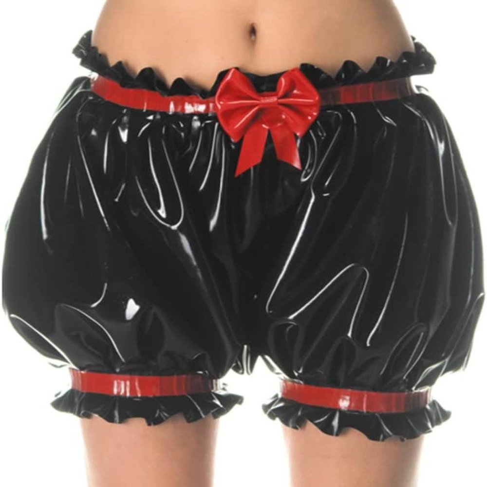 Black and Red Bows Trims Sexy Latex with Loosely Smocking Rubber Underpants,Custom Color,X-Large