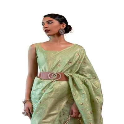 SWORNOF Women's kanjivaram banarasi silk saree Zari Woven festival Wedding silk sarees for women with Unstitched blouse piece, Pista, 6 Yard