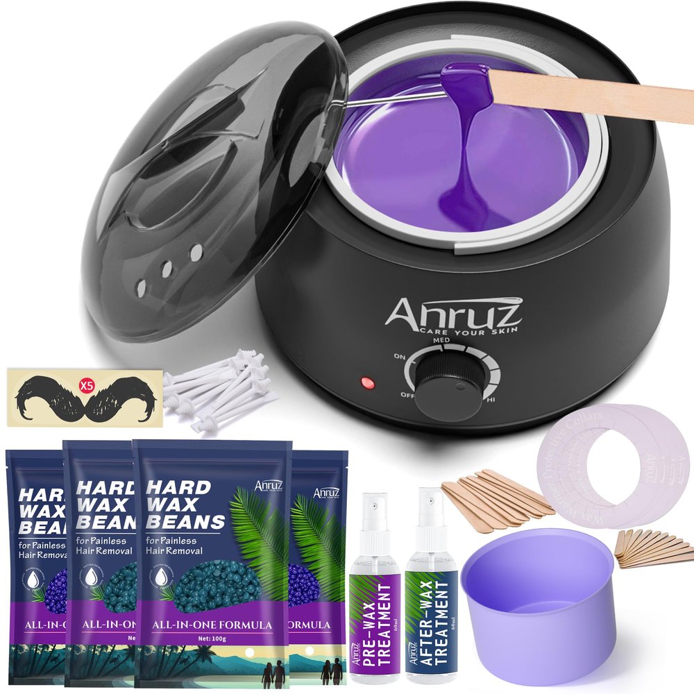 ANRUZ Waxing Kit, Wax kit for Hair Removal, Wax Pot for Waxing Professional with Silicone Bowl,4 Bags Wax Beads and 20 Applicator Sticks, 2 Treatment Oils-at Home Wax Machine for Full Body Waxing