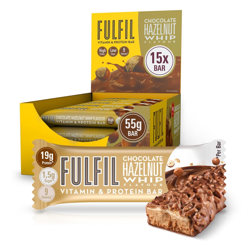 FULFIL Vitamin and Protein Bars (15 x 55 g Bars), Chocolate Hazelnut Whip Flavour, 20 g High Protein, 9 Vitamins, Low Sugar
