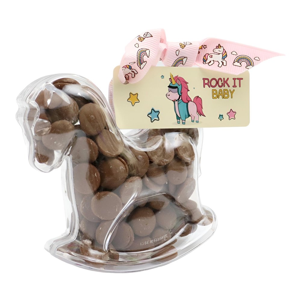 ButtonChocs Chocolate Rocking Horse - Rock It Baby. A Little Belgian Milk Chocolate Birthday Gift. Pony Gift, Horse Gift.
