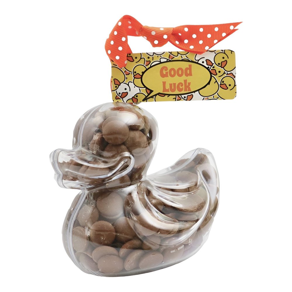 ButtonChocs Chocolate Duck - Good Luck. Belgian Milk Chocolate Good Luck Gift. Exam Gift. Graduation Gift. Driving Test Gift.