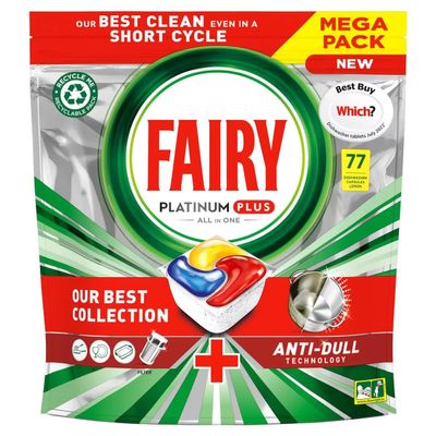 Fairy Platinum Plus All In One Dishwasher Tablets, Lemon, 77 Tablets, Our Best Cleaning For A Clean Like New, Removes Dullness & Prevents Limescale