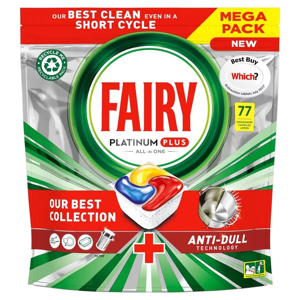 Fairy Platinum Plus All In One Dishwasher Tablets, Lemon, 77 Tablets, Our Best Cleaning For A Clean Like New, Removes Dullness & Prevents Limescale