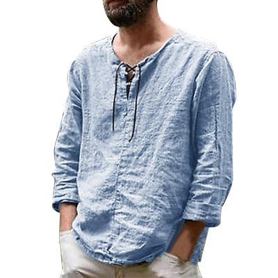 Basic T-Shirt Men's Linen Henley Shirt Long Sleeve T-Shirts Fit Tracksuit Casual Shirt Short Sleeve Sports Cotton Shirts Short Sleeve Shirt Slim Fit Cotton T-Shirt Men, B Blue, L