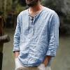 Basic T-Shirt Men's Linen Henley Shirt Long Sleeve T-Shirts Fit Tracksuit Casual Shirt Short Sleeve Sports Cotton Shirts Short Sleeve Shirt Slim Fit Cotton T-Shirt Men, B Blue, L view 2