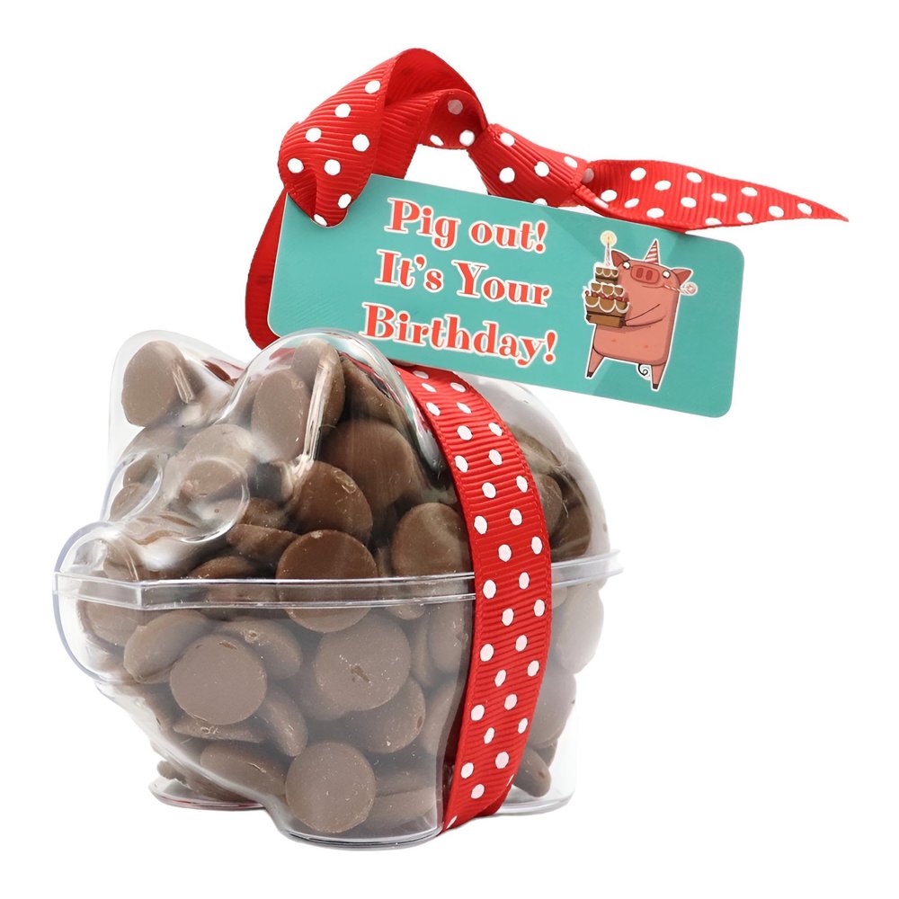 ButtonChocs Birthday Chocolate Piglet - Pig Out! It's Your Birthday. Belgian Milk Chocolate Birthday Gift.