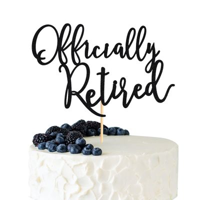 Arthsdite Officially Retired Cake Topper, Happy Retirement Cake Decorations, Plam Tree Beach Chair Retirement Party Decoration Supplies for Women or Men - Black Glitter