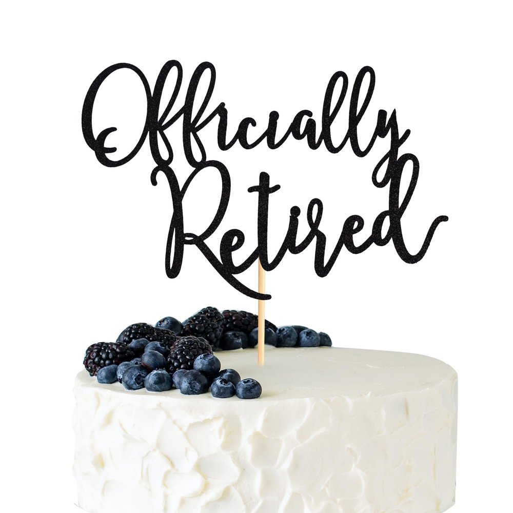 Arthsdite Officially Retired Cake Topper, Happy Retirement Cake Decorations, Plam Tree Beach Chair Retirement Party Decoration Supplies for Women or Men - Black Glitter