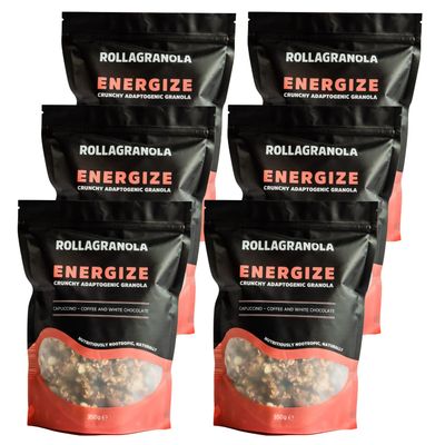 Rollagranola - Energize - Cappuccino Coffee & White Chocolate Oat Granola 6 Pack of 350g. Gluten Free & All Natural Crunchy Adaptogenic Granola. Nutritiously Nootropic Naturally. Handcrafted In The UK