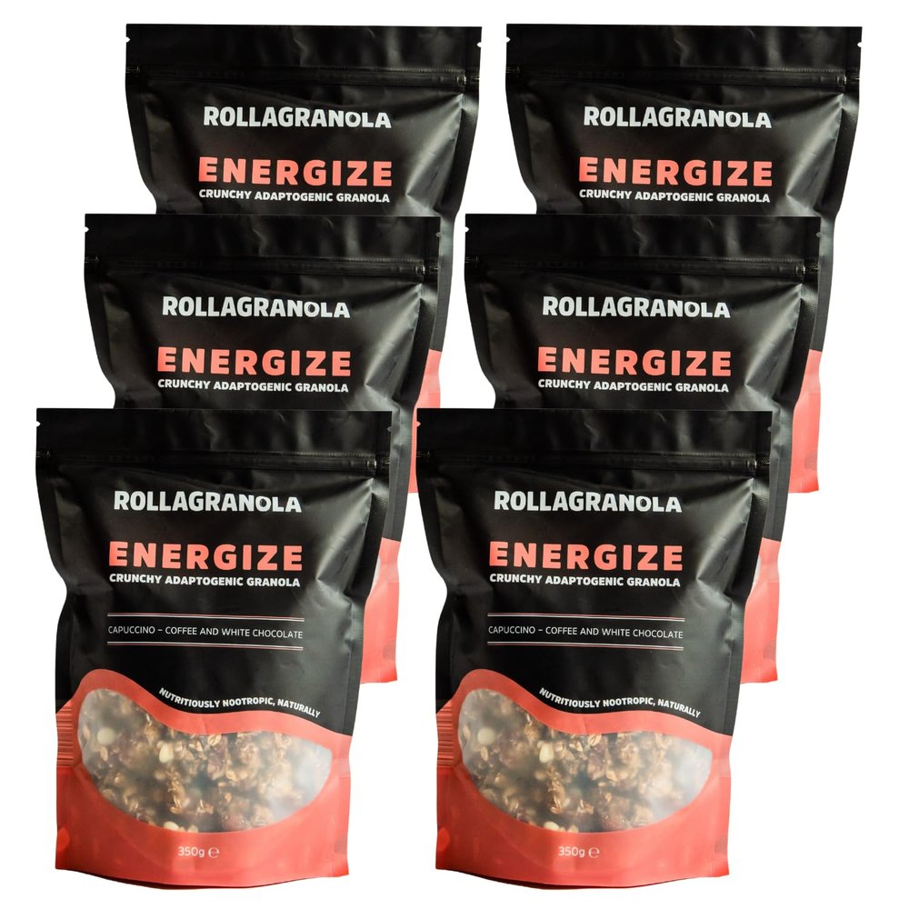 Rollagranola - Energize - Cappuccino Coffee & White Chocolate Oat Granola 6 Pack of 350g. Gluten Free & All Natural Crunchy Adaptogenic Granola. Nutritiously Nootropic Naturally. Handcrafted In The UK