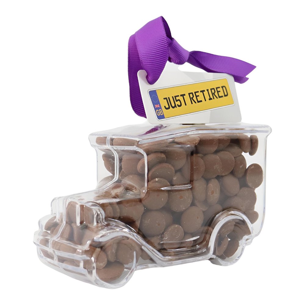 ButtonChocs Just Retired Chocolate Vintage Car. Belgian Milk Chocolate Retirement Gift. Leaving Gift.