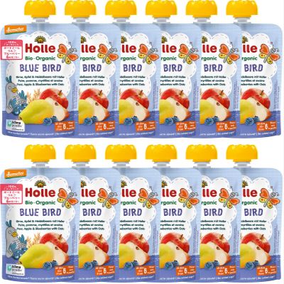 Holle Blue Bird - Pouch pear, apple & blueberries with oats, pack of 12