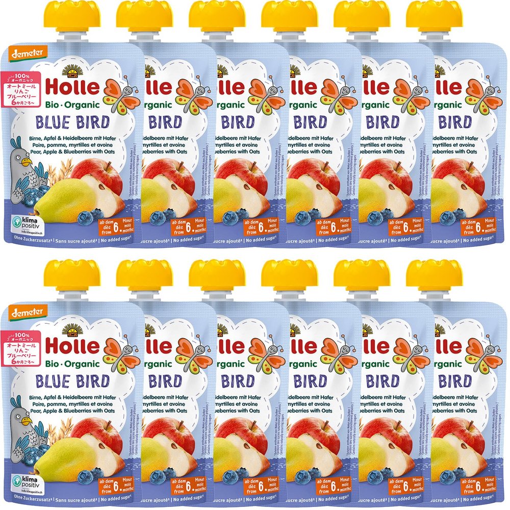 Holle Blue Bird - Pouch pear, apple & blueberries with oats, pack of 12