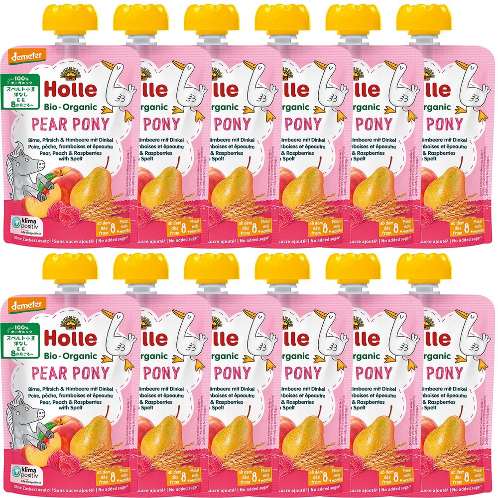 Holle Pear Pony - Pouch pear, peach & raspberries with spelt, pack of 12