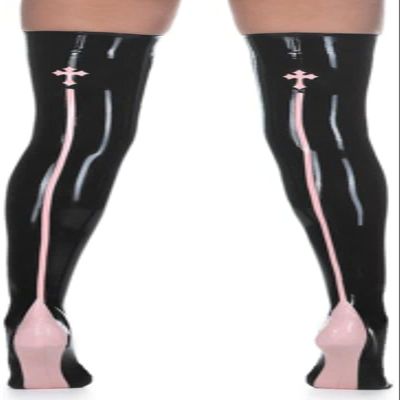 Sexy Long Latex Stockings with Cross and Stripes at Back Heel Rubber Thigh High Stockings,Black+Pink,Small