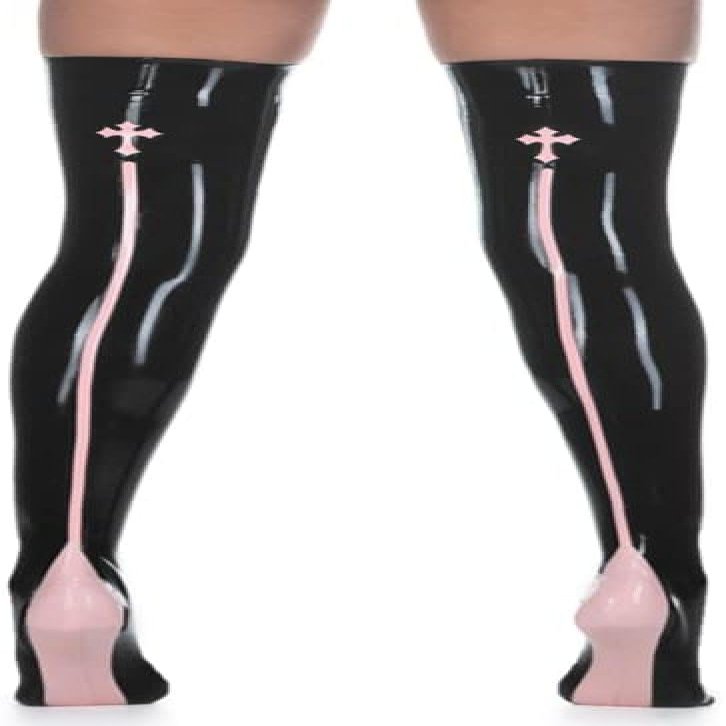 Sexy Long Latex Stockings with Cross and Stripes at Back Heel Rubber Thigh High Stockings,Black+Pink,Small