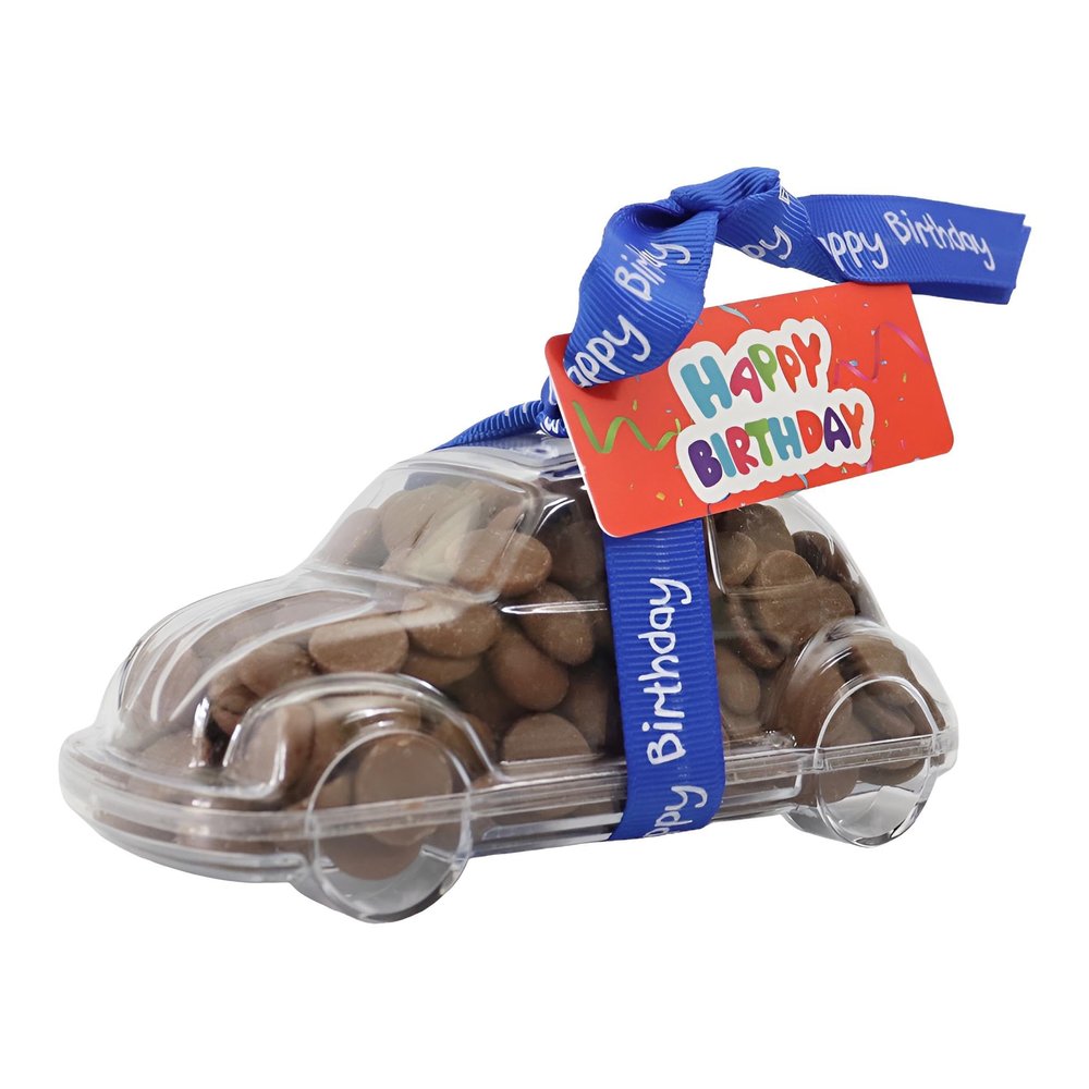 ButtonChocs Birthday Chocolate Car - Happy Birthday. Belgian Milk Chocolate Birthday Gift. Red Happy Birthday Swing Label.