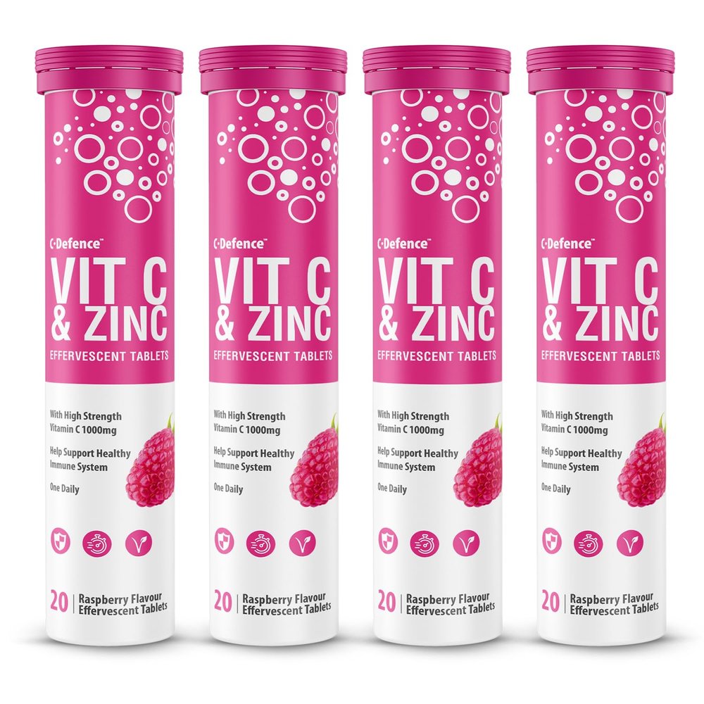 Vitamin C 1000mg & Zinc 15mg Raspberry Flavour Effervescent Tablets - High Strength Tablets for a Healthy Immune System (4 Tubes)