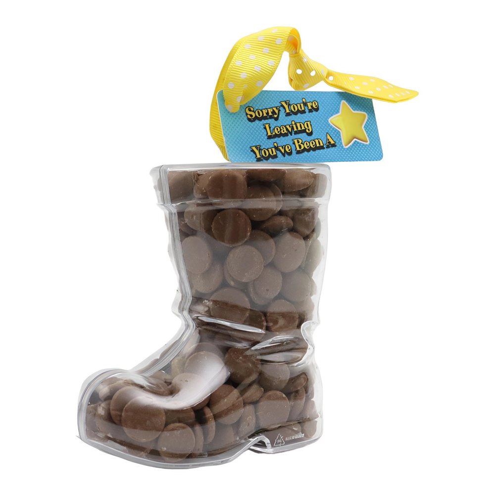ButtonChocs Sorry You're Leaving Chocolate Welly Boot. Belgian Milk Chocolate Leaving Gift. Goodbye Gift.