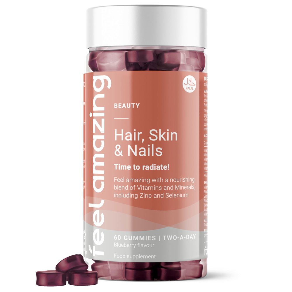 Feel Amazing Hair, Skin & Nails Gummies - Zinc, Biotin & Vitamin C - Blueberry Flavoured - Vegetarian - 60 Gummies - 30 Servings - 1 Month Supply