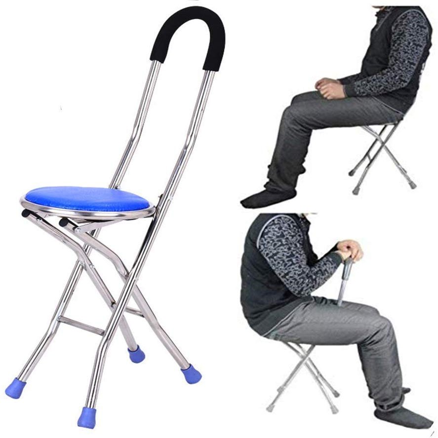 GGZONE Walking Stick, Lightweight Folding Stool with Anti-Slip Four Feet, Walking Stick Chair for Use by The Elderly beautiful scenery