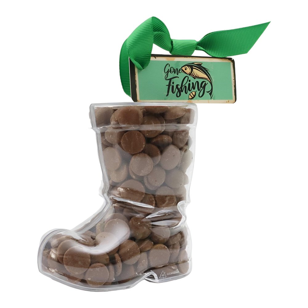 ButtonChocs Chocolate Welly Boot - Gone Fishing. Belgian Milk Chocolate Fishing Gift. Fishing Lover Gift.