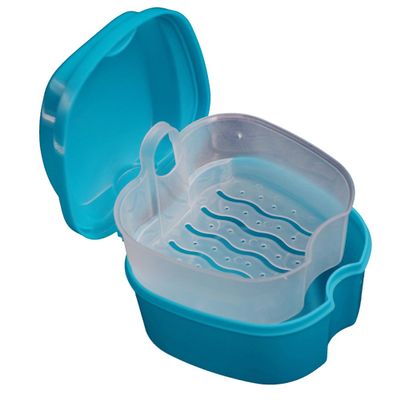 1 Pc False Teeth Storage Container Retainer Case Cleaning Box with Filter Portable and Easy to Travel (Sky Blue, One Size)