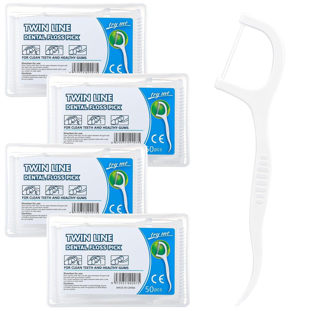Hemiks 200 Pcs Twin-Line Dental Floss Picks - 2 in 1 Interdental Sticks with Portable Cases Floss Sticks Dental for Teeth Cleaning - Disposable Toothpicks for Travel, Home, Office, Hotel