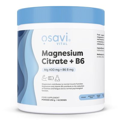 Osavi Magnesium Citrate + B6, Powder 250 g Powder | Supports Energy Metabolism, Muscle Function & Nervous System | Highly Absorbable Magnesium Citrate with Vitamin B6 for Stress Relief & Vitality