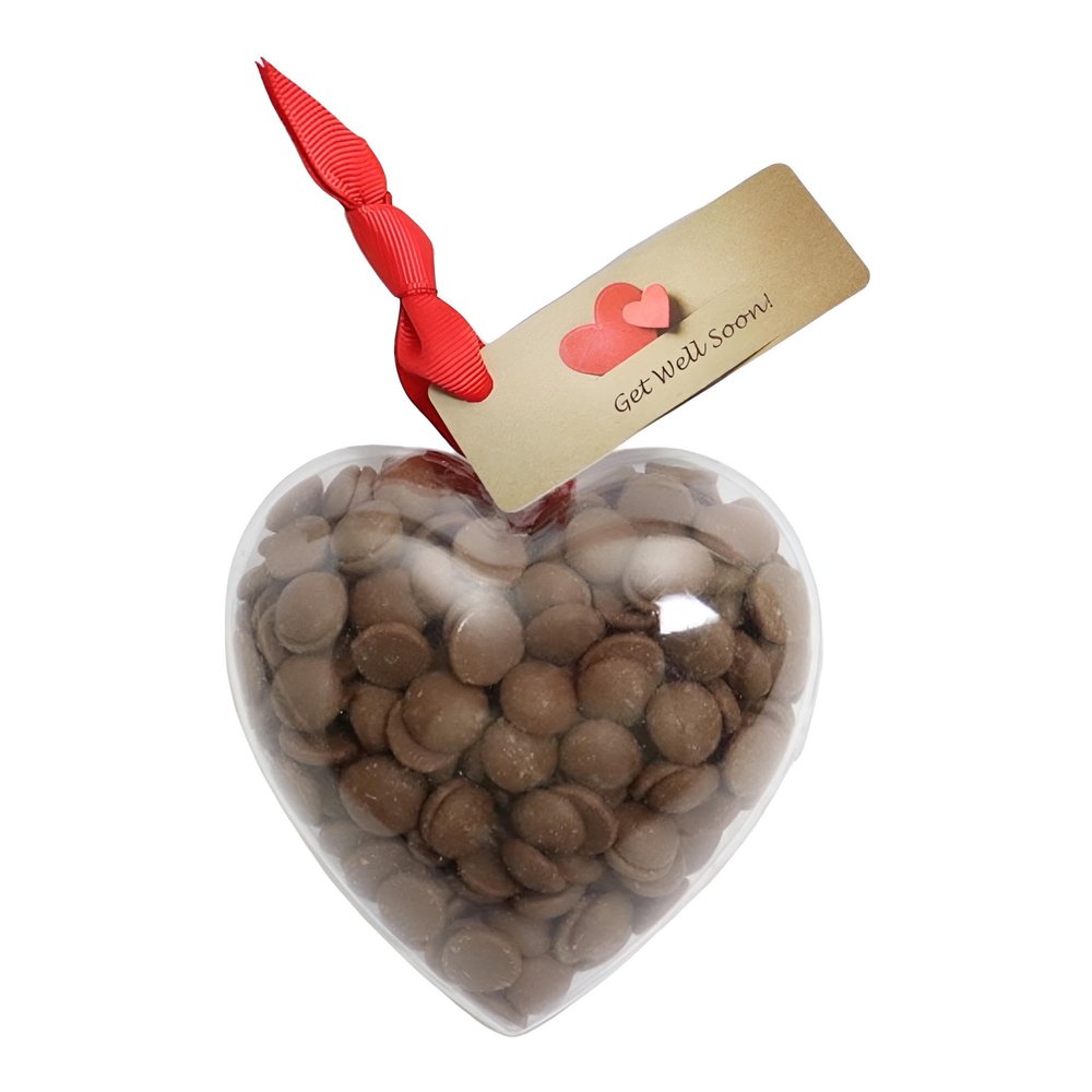 ButtonChocs Get Well Soon Chocolate Heart. Belgian Milk Chocolate Get Well Soon Gift. Thinking of You Gift. Heart swing label.
