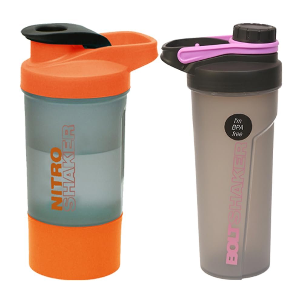Amazing Pink Bolt Shaker + Orange Nitro Shaker - 600ml with 700ml Steel Wire Whisk Ball, Measuring Guide, Flip/Screw Cap and Detachable Jar Spill Proof Protein Shaker Bottle Sport Bottles Fitness Gym