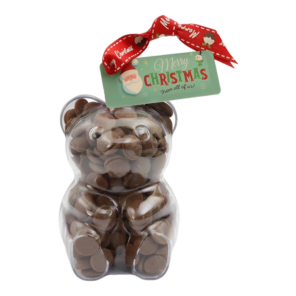 ButtonChocs Christmas Chocolate Teddy Bear - Merry Christmas. Belgian Milk Chocolate Gift for Christmas.