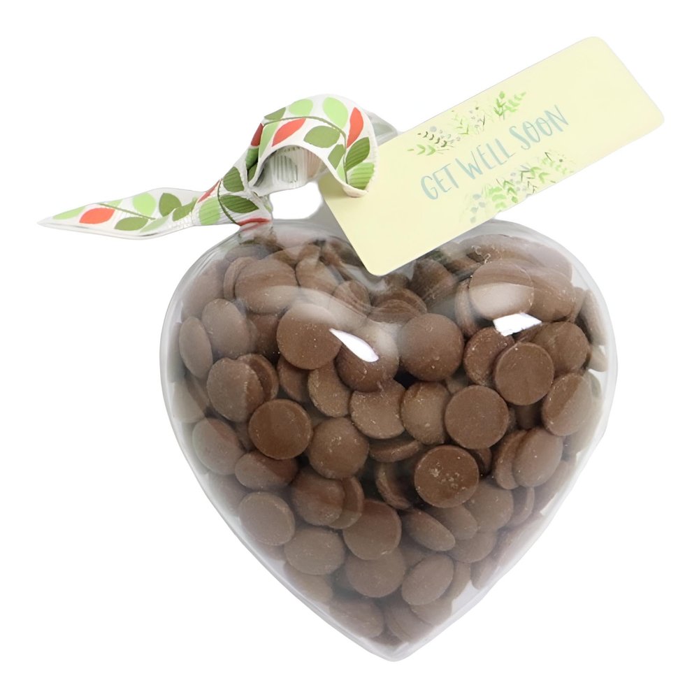 ButtonChocs Get Well Soon Chocolate Heart. Get Well Soon. Belgian Milk Chocolate Get Well Soon Gift. Thinking of You Gift. Flower/Leaf Ribbon.