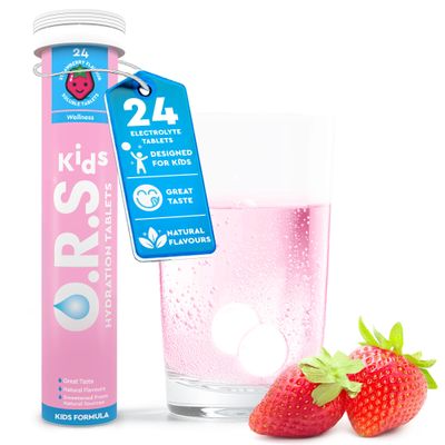 O.R.S Kids Hydration Tablets  Strawberry, Pack of 1 | Fast Rehydration Electrolyte Replacement Supplement for Children | Natural Salts & Electrolytes for Dehydration | Vegan, Gluten-Free, Low Calorie