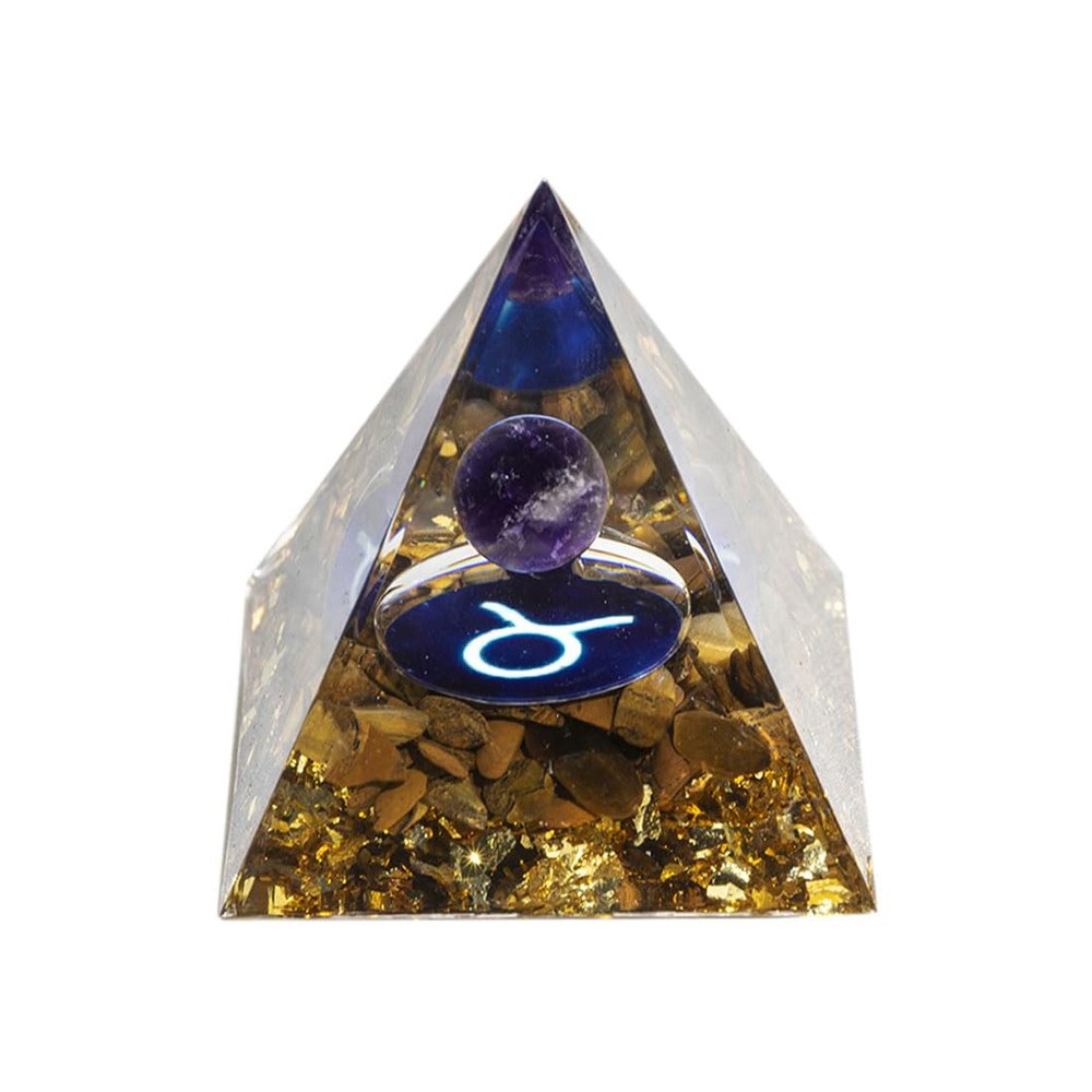 12 Zodiac Orgone Crystal Pyramid, Natural Amethyst Crystal Ball for Taurus Zodiac, 2" Orgone Healing Pyramid for Positive Energy Stress Reduce Healing Meditation Attract Wealth Lucky