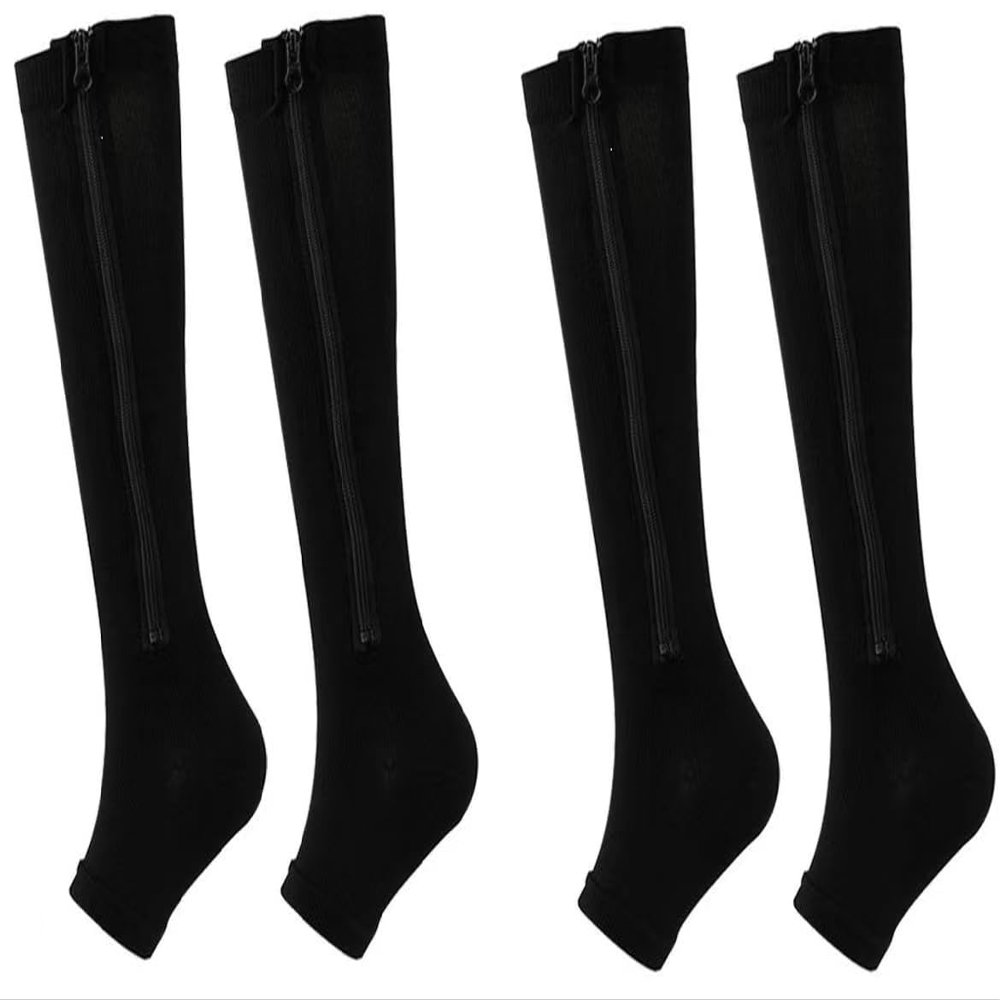 2Pairs Medical Compression Socks for Women Men, 15-20mmHg Knee High Flight Socks Compression Stockings, Zipper Compression Socks for Swollen Varicose Veins Running Nurses Pregnancy Travel (Black, XXL)