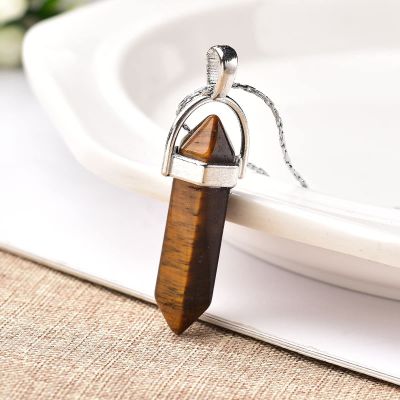 1PC Natural Crystal Mineral Ornament Amethyst Rose Quartz Crystal Point Stone Pendant Necklace,Tigers Eye