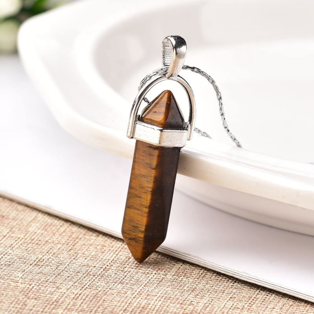 1PC Natural Crystal Mineral Ornament Amethyst Rose Quartz Crystal Point Stone Pendant Necklace,Tigers Eye