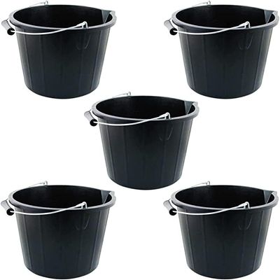 14L Litre Strong Plastic Builders Bucket 3 Gallon Multipurpose Storage Bucket with Metal Handle & Spout for Cleaning Animal Feed Mixing Construction Home & Garden (Black, 5)