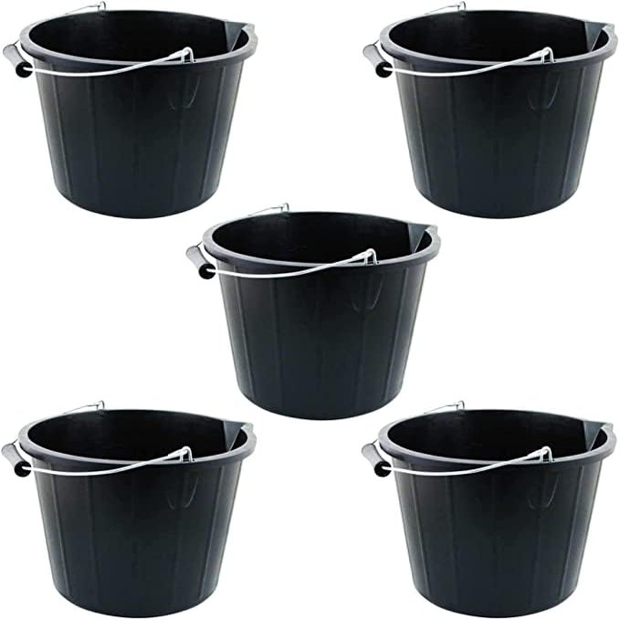 14L Litre Strong Plastic Builders Bucket 3 Gallon Multipurpose Storage Bucket with Metal Handle & Spout for Cleaning Animal Feed Mixing Construction Home & Garden (Black, 5)