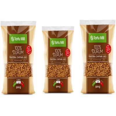 Whole Grain CHIFFARI LISCI Pasta Dry 100% Durum Wheat Premium Semolina Tartu Mill Nr 183 (x3 CHIFFARI LISCI 500g) 1.5Kg