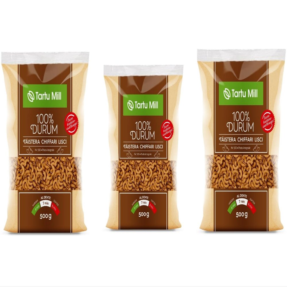 Whole Grain CHIFFARI LISCI Pasta Dry 100% Durum Wheat Premium Semolina Tartu Mill Nr 183 (x3 CHIFFARI LISCI 500g) 1.5Kg