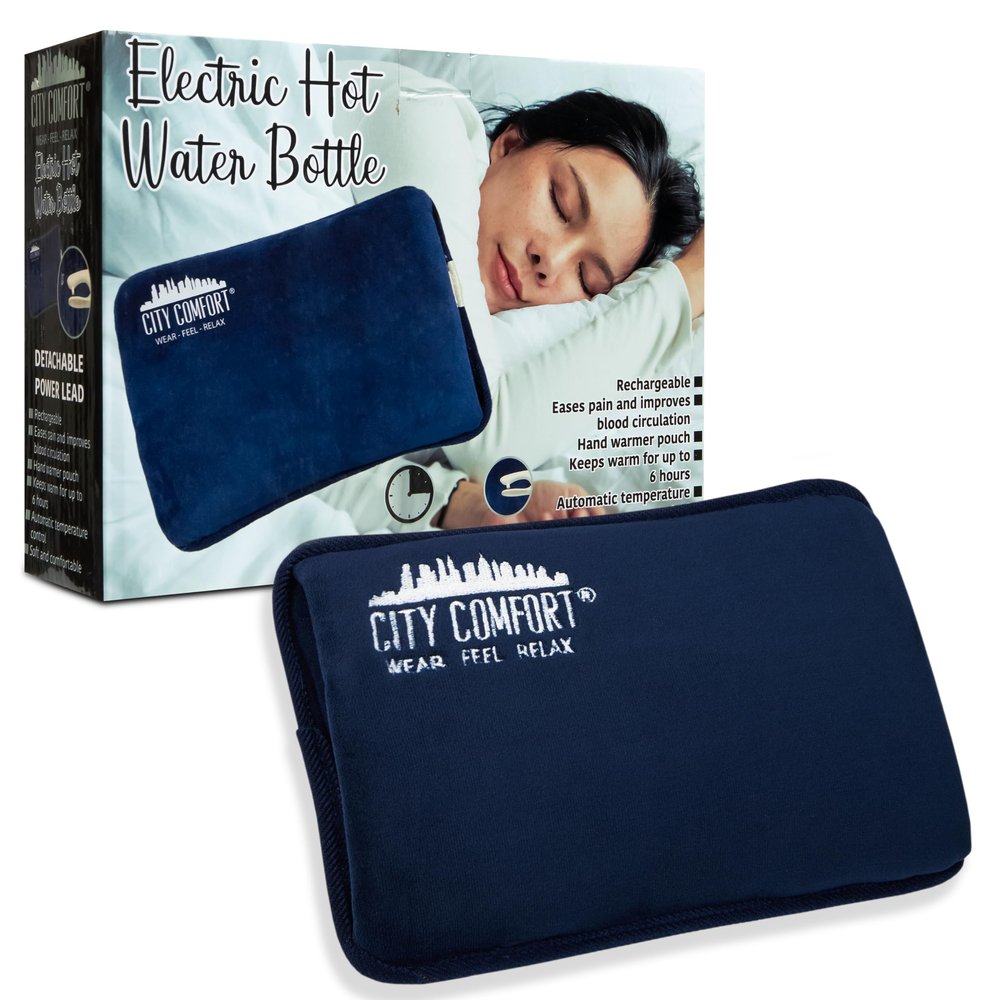 Rechargeable Electric Hot Water Bottle Heat Pad 6 Hour Warmth Temperature Control Detachable Lead Cosy Bed Warmer Hand Warmer Pouch Gifts (Navy)