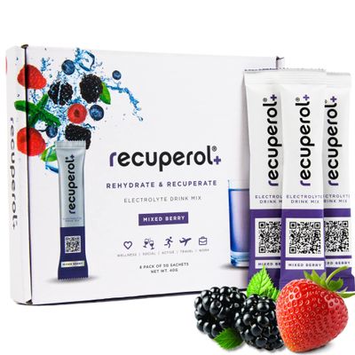 Recuperol Get Well Soon Gift Box - Hydration & Recovery Electrolyte Drink Mix, 8 Pack, Wellness Gift for Men & Women, Present with Card Inside - Mixed Berry Flavour