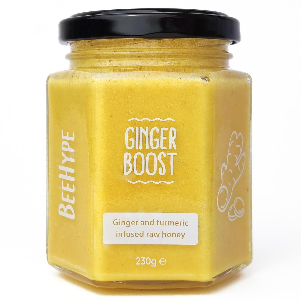 BeeHype - Ginger Boost - Ginger and Turmeric Infussed Raw Honey with NO Preservatives and NO Refined Sugars - Vegetarian, Nut and Dairy-Free, 230g