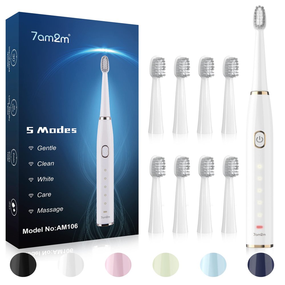 7AM2M Sonic Electric Toothbrush for Adults and Kids- High Power Rechargeable Toothbrushes with 8 Brush Heads,5 Adjustable Modes, Built-in 2-Minute Smart Timer,4 Hours Fast Charge for 75 Days(White)