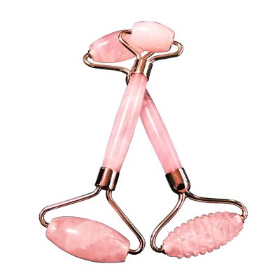 Rose Quartz Roller with Gua Sha Set for Face Natural Authentic Facial Crystal Massager Skin Eyes Neck Tones Firms Depuffs,1 Set